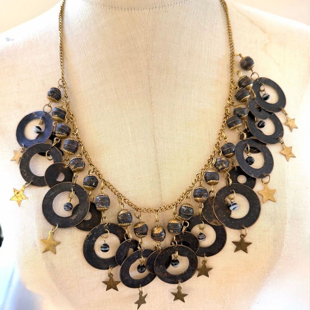 Vintage Celestial Statement Necklace Oxidized Brass Tone Bib Star Disc Fringe
